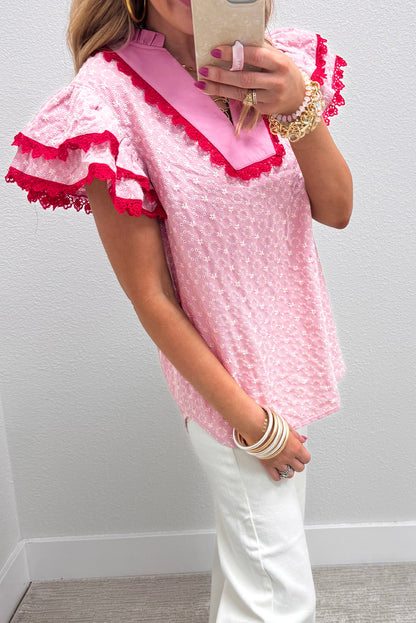 Beau Blue Eyelet Embroidered Flower Texture Contrast Lace Trim Flutter Sleeve Blouse - Snoopy's Closet