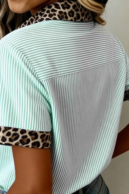 Green Stripe Leopard Contrast Collar Short Sleeve Shirt