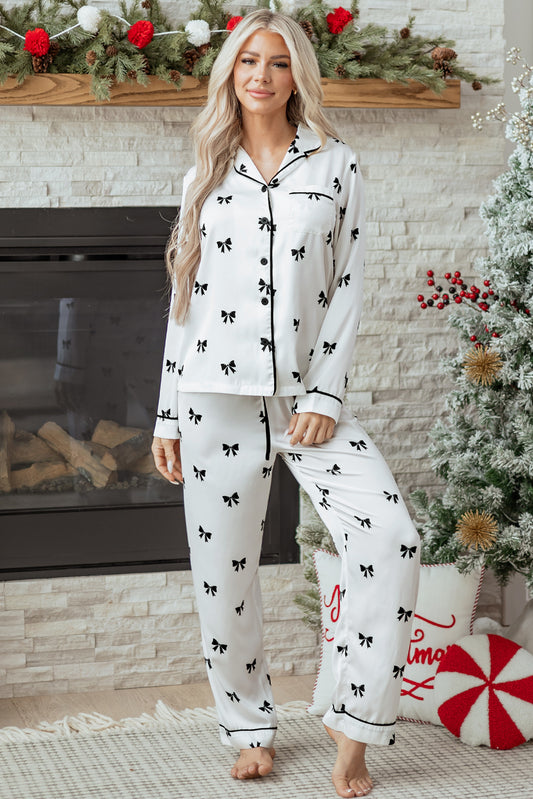 White Bows Print Two Piece Sleepwear - Snoopy's Closet