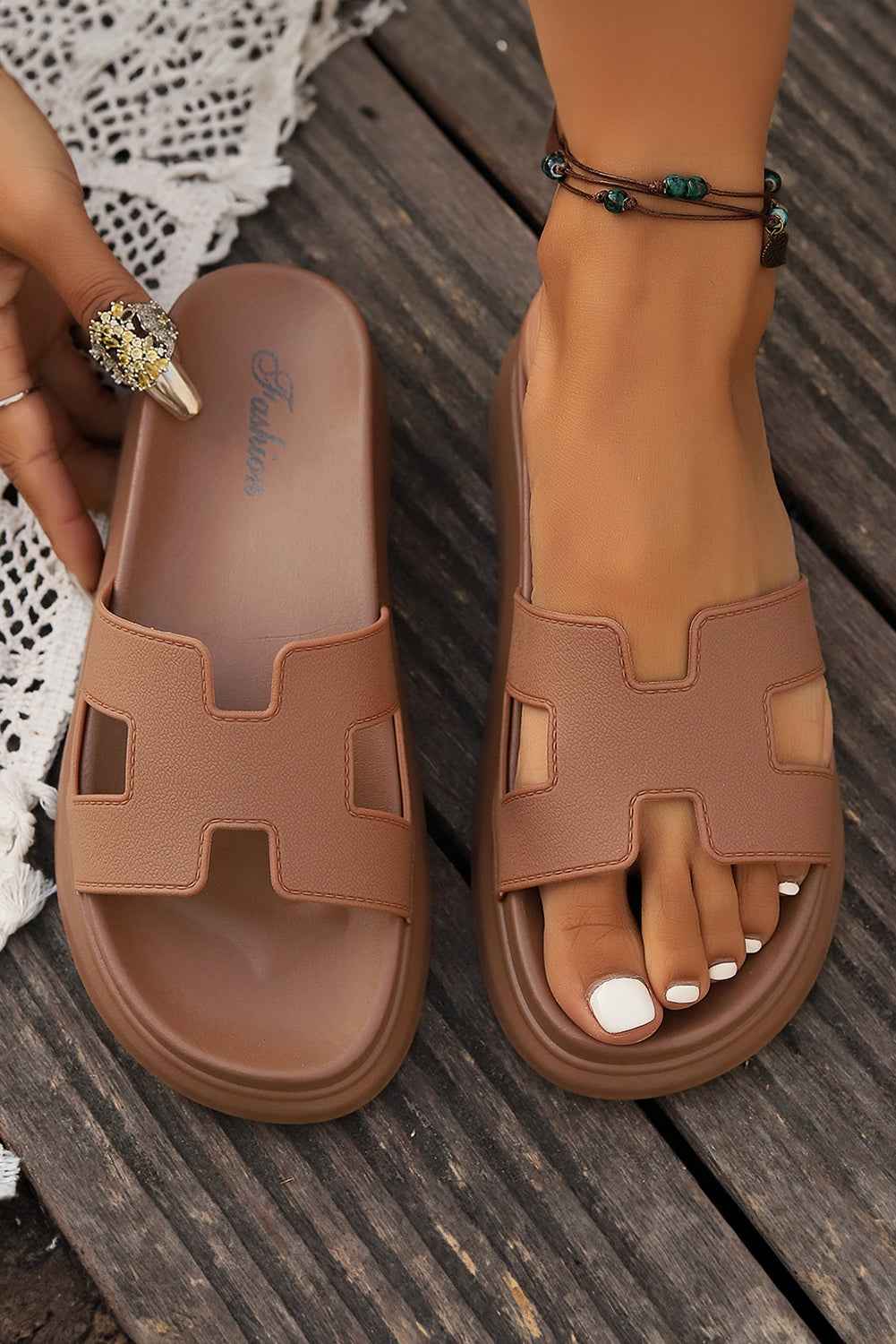 Beige Cutout Design Open Toe Platform Slippers (Run Small, Size Up)