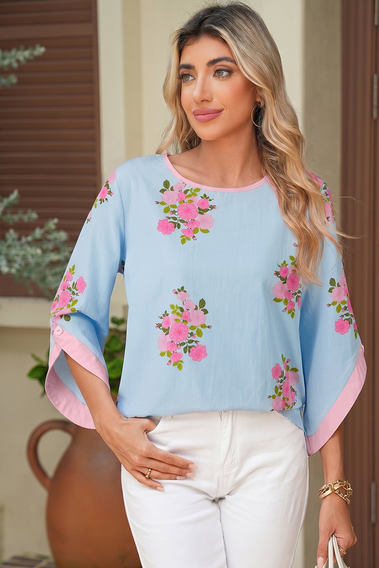 Sky Blue Floral Print Button Cuffed 3/4 Sleeve Round Neck Blouse - Snoopy's Closet