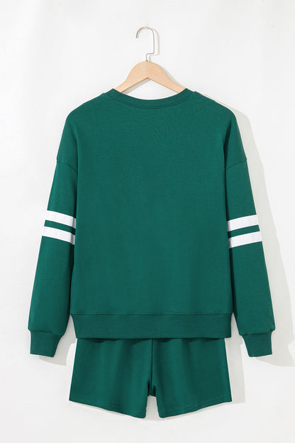 Evergreen Rhinestone Clover Varsity Pullover Drawstring Shorts 2pcs Set