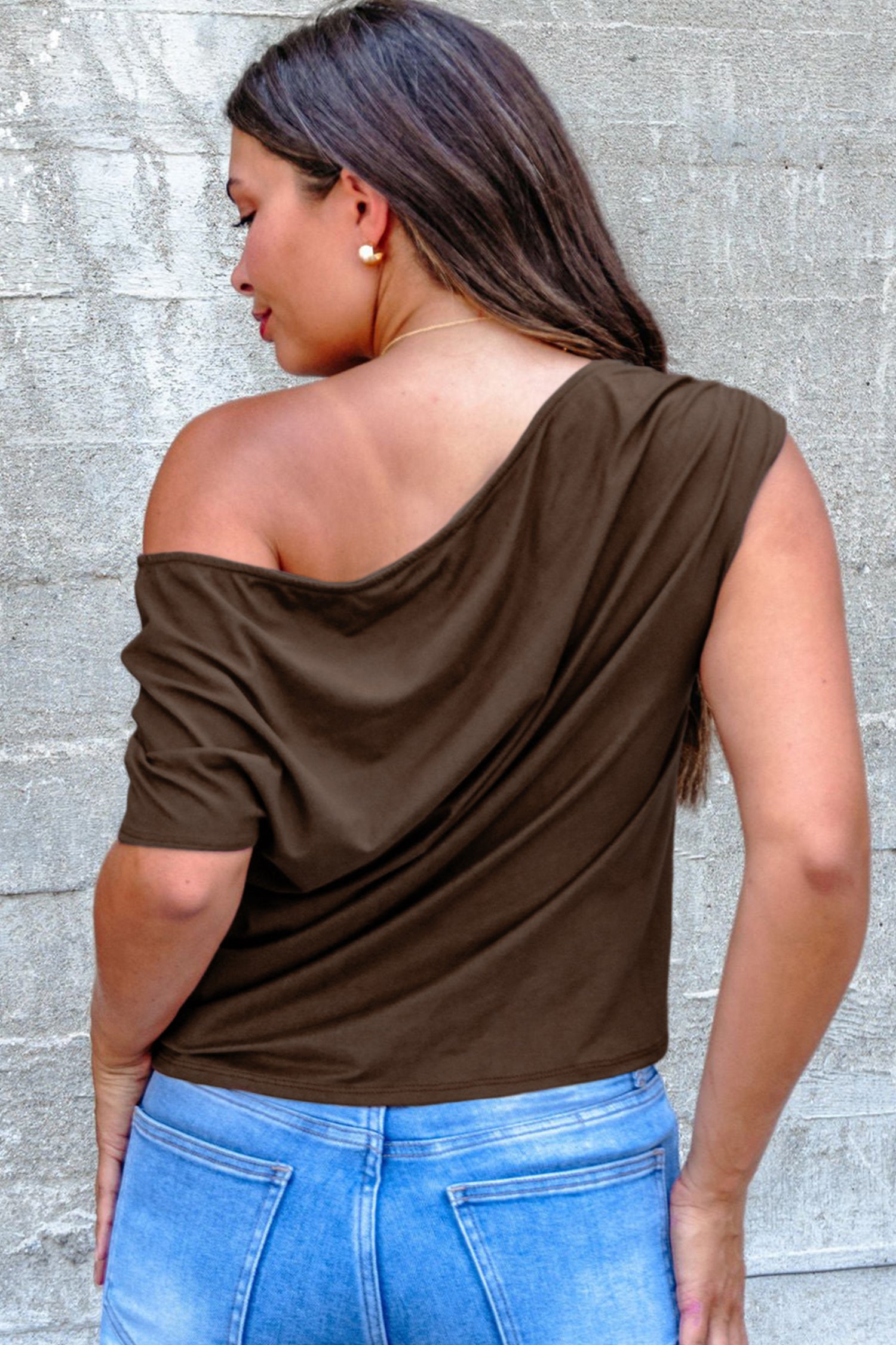 Coffee Plus Size Solid Color Asymmetric Neck Short Sleeve Blouse - Snoopy's Closet