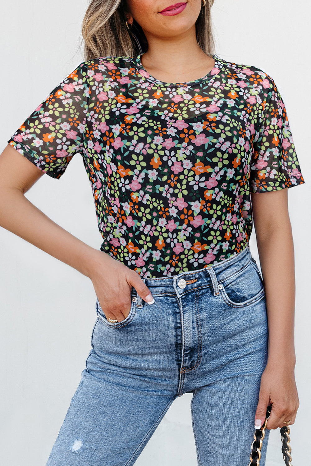 Black Sheer Floral Mesh Round Neck T Shirt - Snoopy's Closet