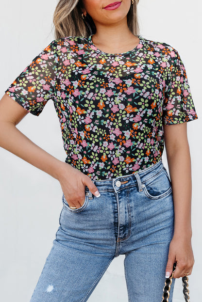 Black Sheer Floral Mesh Round Neck T Shirt - Snoopy's Closet