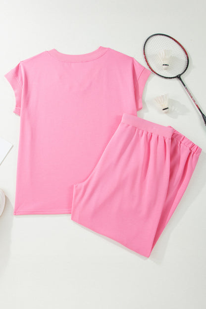 Conjunto de camiseta con cuello en V sólida y pantalones con cordón Bonbon de talla grande