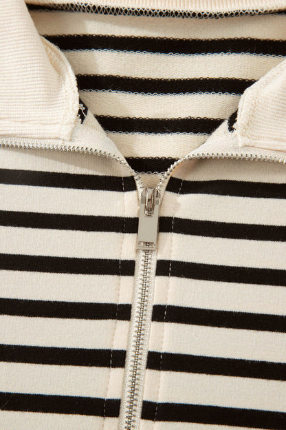 Black Stripe Ribbed Color Block Trim Zip Polo Tee Drawstring Shorts 2pcs Outfit - Snoopy's Closet