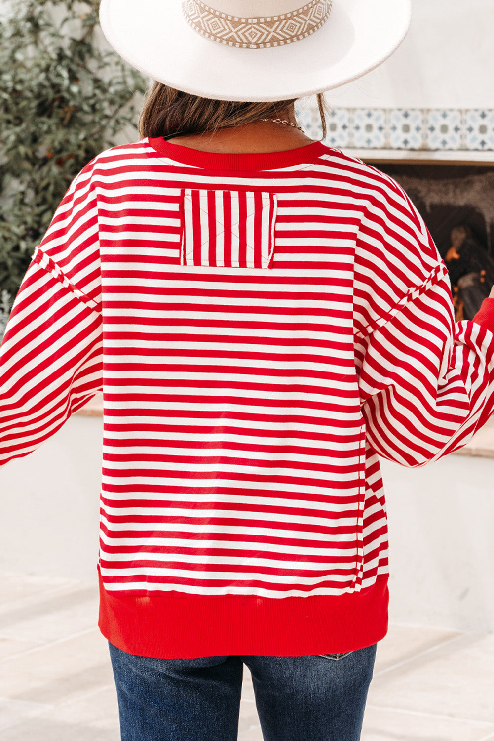 Red Stripe Christmas Nutcracker Sequin Patched Drop Shoulder Top - Snoopy's Closet