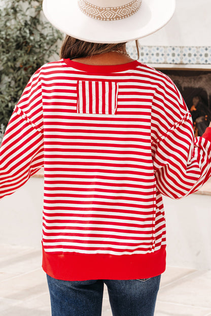 Red Stripe Christmas Nutcracker Sequin Patched Drop Shoulder Top - Snoopy's Closet