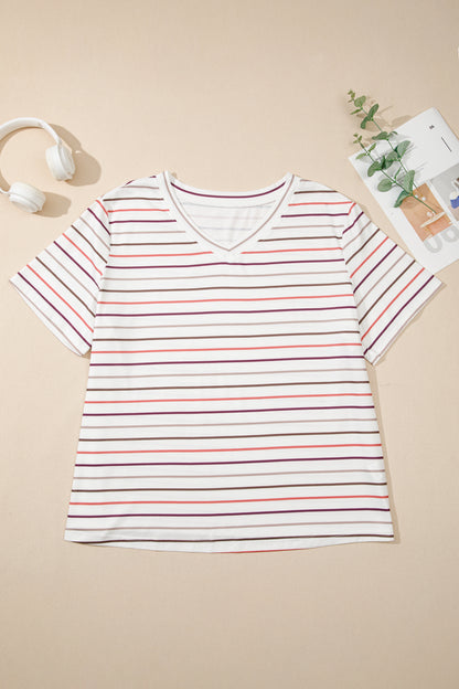 White Stripe V Neck Casual Plus Size Tee - Snoopy's Closet