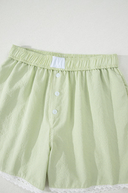 Shorts bóxer a cuadros vichy verdes con detalle de botones y ribete de encaje