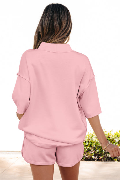 Moonlight Jade Solid Color Exposed Seam Mock Neck Oversize Tee Casual Shorts 2pcs Outfit - Snoopy's Closet