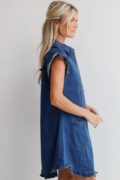 Vestido vaquero azul marinero con cuello, ribete con volantes y bolsillos