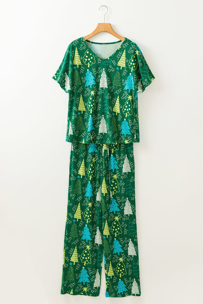 Conjunto de salón de camiseta con cuello en V y pantalones con estampado de árbol de Navidad verde
