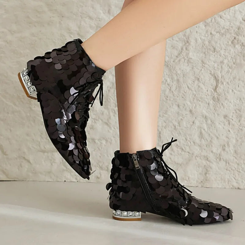 Women Gold Bling Bling Boots Silver Glitter Low Heels Big Round Sequins Booties Lace-up Zipper Woman