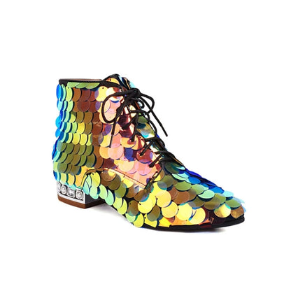 Women Gold Bling Bling Boots Silver Glitter Low Heels Big Round Sequins Booties Lace-up Zipper Woman