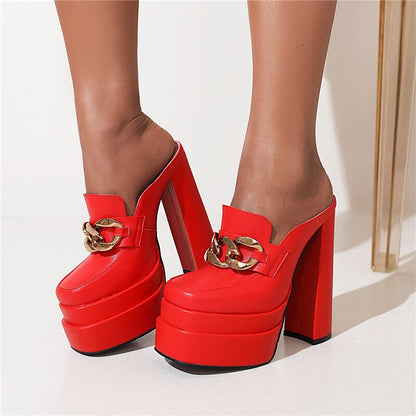 processing time:3-5 days after placing orders--Women Sandals Genuine Leather Super High Heels Slippers Platforms Mules Wedding Party Shoes Woman Fashion Chain Pumps