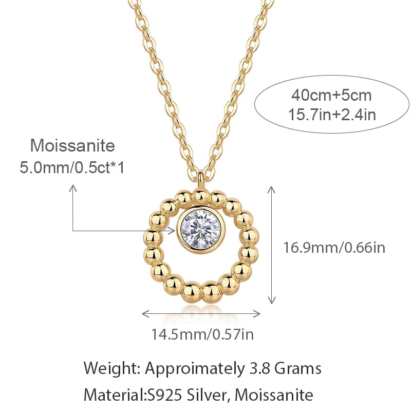 Moissanite 925 Silver Gold Beaded Circle Pendant  5mm 0.5ct Center Stone Elegant Minimalist Fine Jewelry Gift for Women Necklace