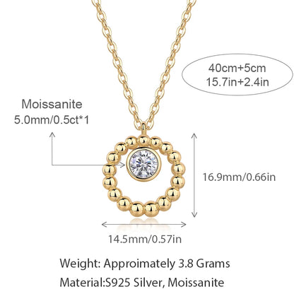 Moissanite 925 Silver Gold Beaded Circle Pendant  5mm 0.5ct Center Stone Elegant Minimalist Fine Jewelry Gift for Women Necklace