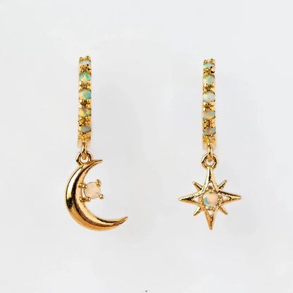 Lucky Charm Gold Plated Hoop Earrings With Opal Moon Pendant For Women Everyday Wear Cute Style