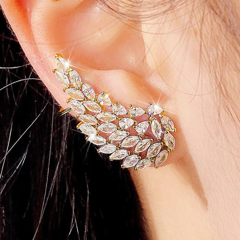 Golden Leaf Cuff Earrings With Marquise Crystal Rhinestones For Women Party Romantic Style Fashion Jewelry Gold Plated Alloy