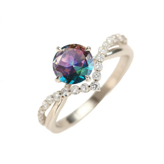 Colorful Stainless Steel Cubic Zirconia Engagement Ring for Women Lab Created Round Stone Prong Setting Diamond Accents H317