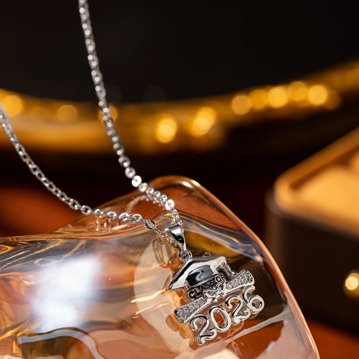 1Pc Women Zirconia 2026 Graduation Cap Pendant Necklace with Copper Water-wave Chain Daily & Beach & Party Jewelry