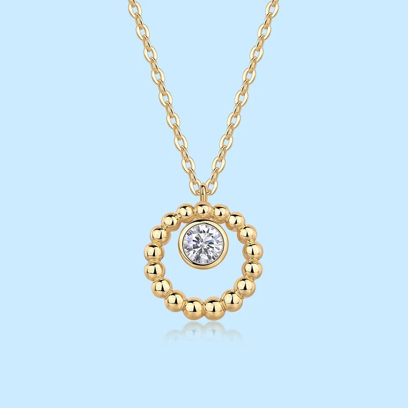 Moissanite 925 Silver Gold Beaded Circle Pendant  5mm 0.5ct Center Stone Elegant Minimalist Fine Jewelry Gift for Women Necklace
