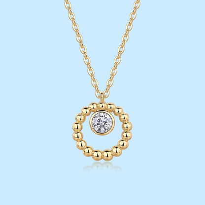 Moissanite 925 Silver Gold Beaded Circle Pendant  5mm 0.5ct Center Stone Elegant Minimalist Fine Jewelry Gift for Women Necklace