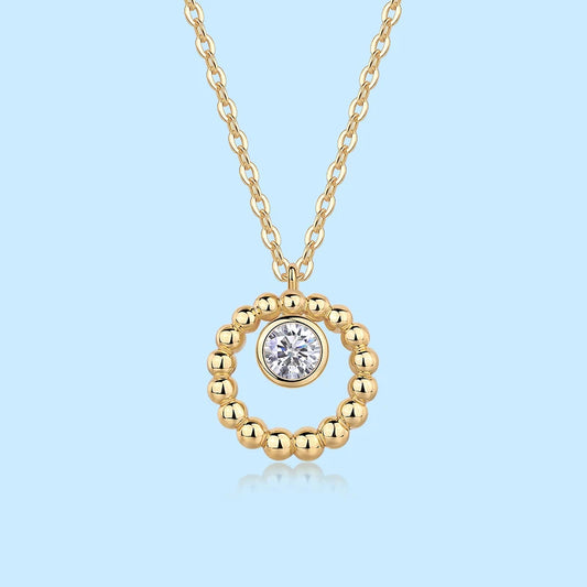 Moissanite 925 Silver Gold Beaded Circle Pendant  5mm 0.5ct Center Stone Elegant Minimalist Fine Jewelry Gift for Women Necklace