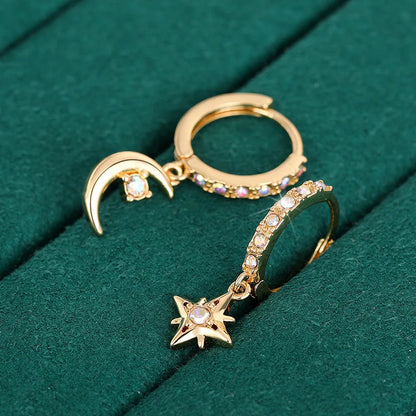 Lucky Charm Gold Plated Hoop Earrings With Opal Moon Pendant For Women Everyday Wear Cute Style