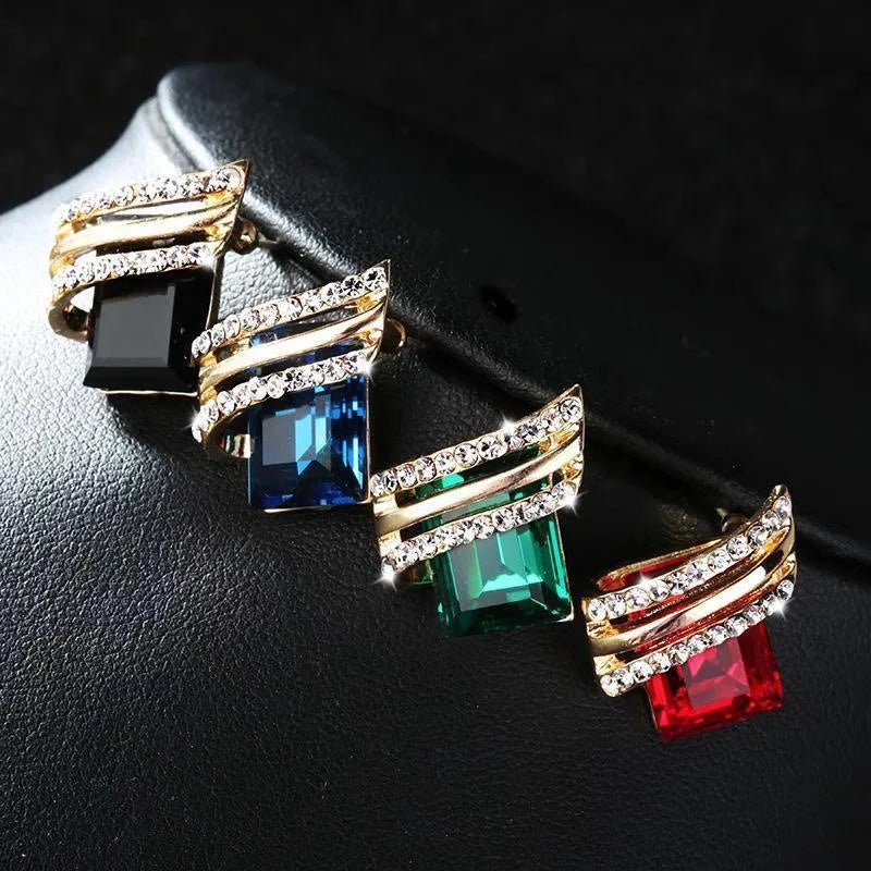 Blue 18K Gold Plated Geometric Stud Earrings with Crystal Rhinestone Princess Cut Trendy Wedding Fashion Jewelry for Women