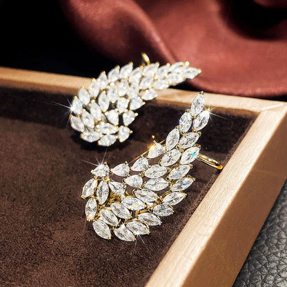 Golden Leaf Cuff Earrings With Marquise Crystal Rhinestones For Women Party Romantic Style Fashion Jewelry Gold Plated Alloy