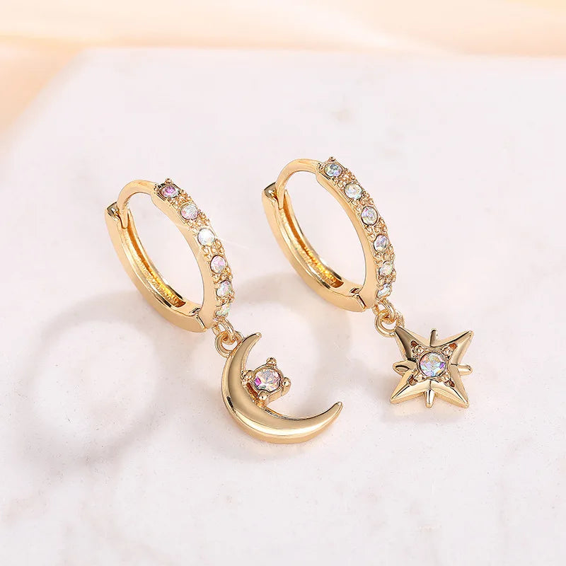 Lucky Charm Gold Plated Hoop Earrings With Opal Moon Pendant For Women Everyday Wear Cute Style
