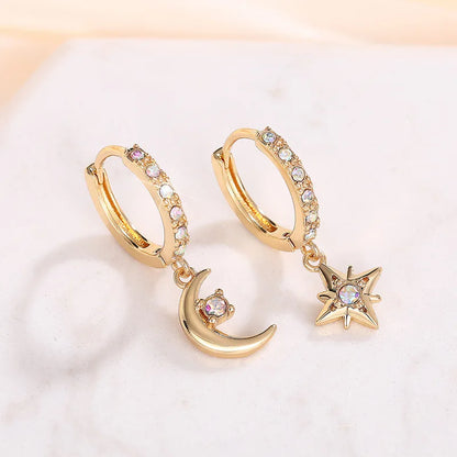 Lucky Charm Gold Plated Hoop Earrings With Opal Moon Pendant For Women Everyday Wear Cute Style