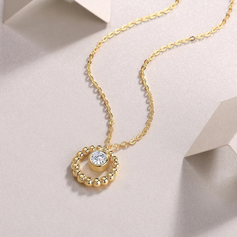 Moissanite 925 Silver Gold Beaded Circle Pendant  5mm 0.5ct Center Stone Elegant Minimalist Fine Jewelry Gift for Women Necklace