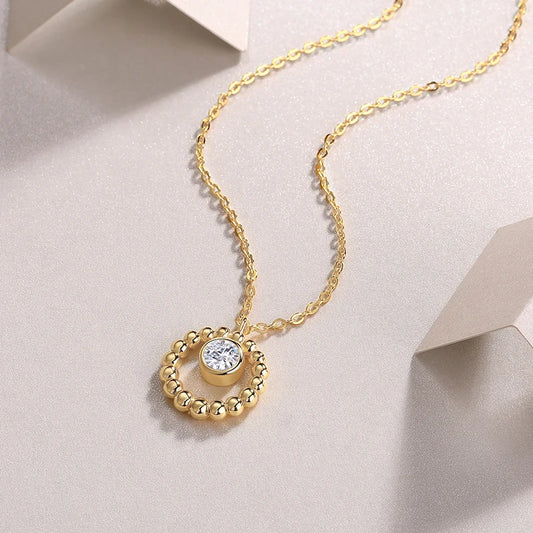 Moissanite 925 Silver Gold Beaded Circle Pendant  5mm 0.5ct Center Stone Elegant Minimalist Fine Jewelry Gift for Women Necklace