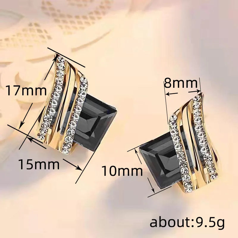 Blue 18K Gold Plated Geometric Stud Earrings with Crystal Rhinestone Princess Cut Trendy Wedding Fashion Jewelry for Women