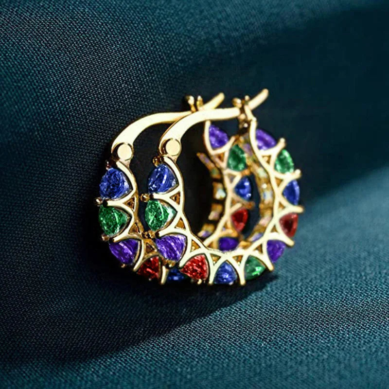 Gold Plated Geometric Hoop Earrings With Multicolor Crystal Rhinestones For Women Party Fashion Jewelry E4386