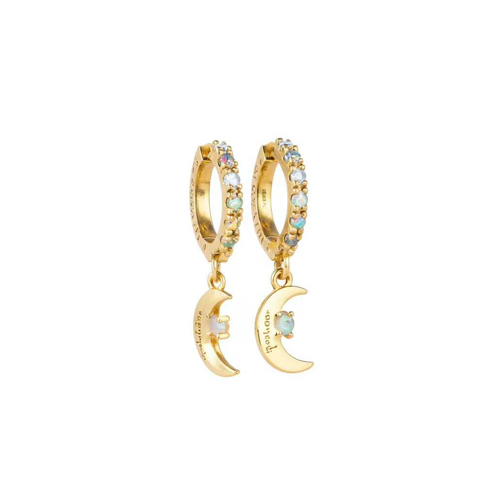 Lucky Charm Gold Plated Hoop Earrings With Opal Moon Pendant For Women Everyday Wear Cute Style
