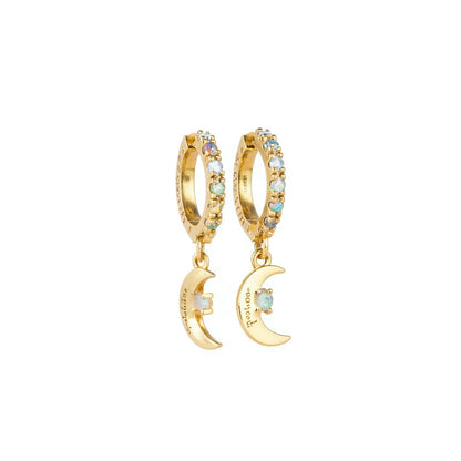 Lucky Charm Gold Plated Hoop Earrings With Opal Moon Pendant For Women Everyday Wear Cute Style