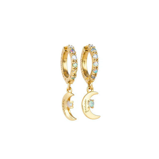 Lucky Charm Gold Plated Hoop Earrings With Opal Moon Pendant For Women Everyday Wear Cute Style