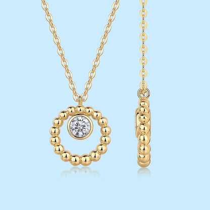 Moissanite 925 Silver Gold Beaded Circle Pendant  5mm 0.5ct Center Stone Elegant Minimalist Fine Jewelry Gift for Women Necklace