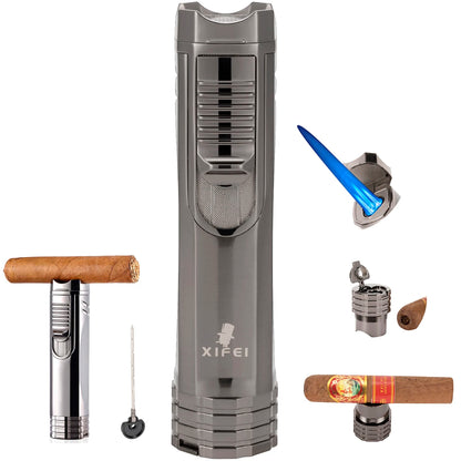 XIFEI Windproof Cigar Lighter With Puncher Holder Needle Metal Portable 3 Jet Flame Multifunction Refillable Smoking Accessories