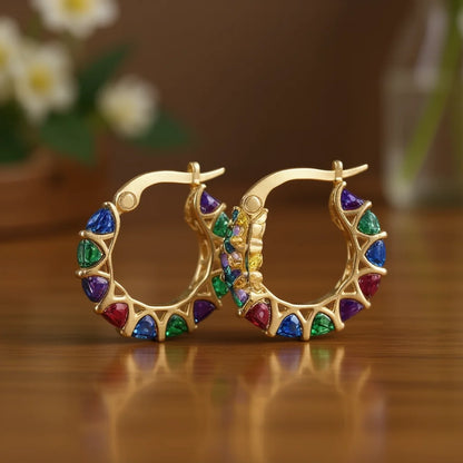 Gold Plated Geometric Hoop Earrings With Multicolor Crystal Rhinestones For Women Party Fashion Jewelry E4386