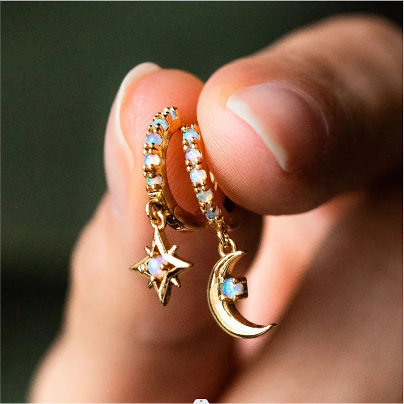 Lucky Charm Gold Plated Hoop Earrings With Opal Moon Pendant For Women Everyday Wear Cute Style