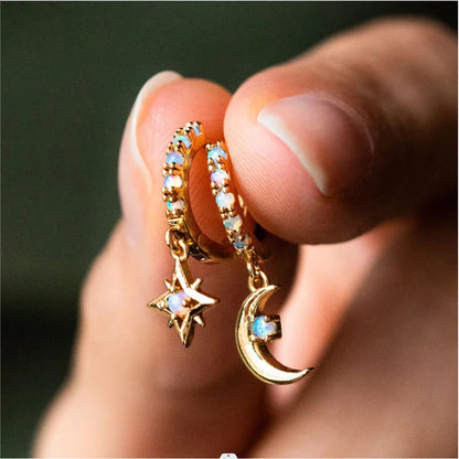 Lucky Charm Gold Plated Hoop Earrings With Opal Moon Pendant For Women Everyday Wear Cute Style