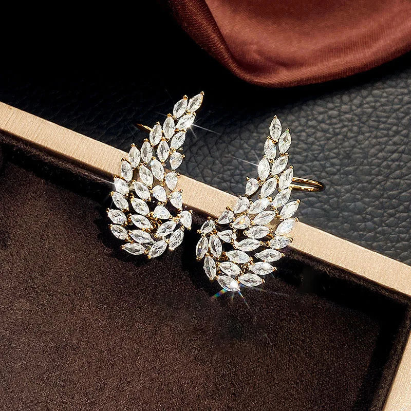 Golden Leaf Cuff Earrings With Marquise Crystal Rhinestones For Women Party Romantic Style Fashion Jewelry Gold Plated Alloy
