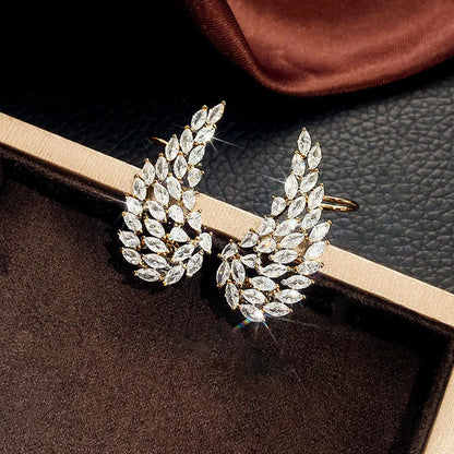 Golden Leaf Cuff Earrings With Marquise Crystal Rhinestones For Women Party Romantic Style Fashion Jewelry Gold Plated Alloy
