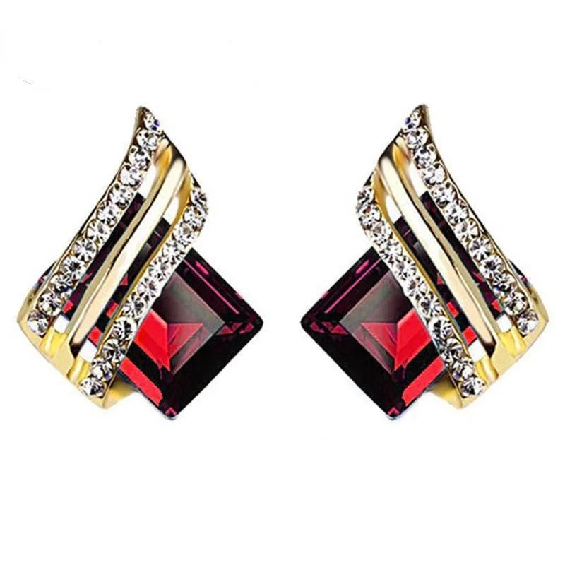 Blue 18K Gold Plated Geometric Stud Earrings with Crystal Rhinestone Princess Cut Trendy Wedding Fashion Jewelry for Women